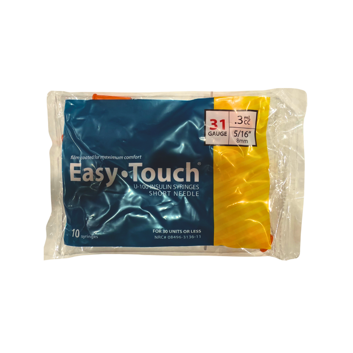 Jeringas de insulina Easy Touch U-100 31G 0,5 ml CC 5/16" 8 mm (1 paquete x 10 jeringas)