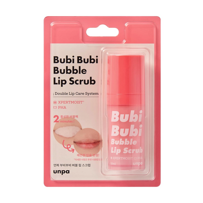 Unpa Bubi Bubi Bubble Lip Scrub displayed on a shelf, highlighting its sleek packaging